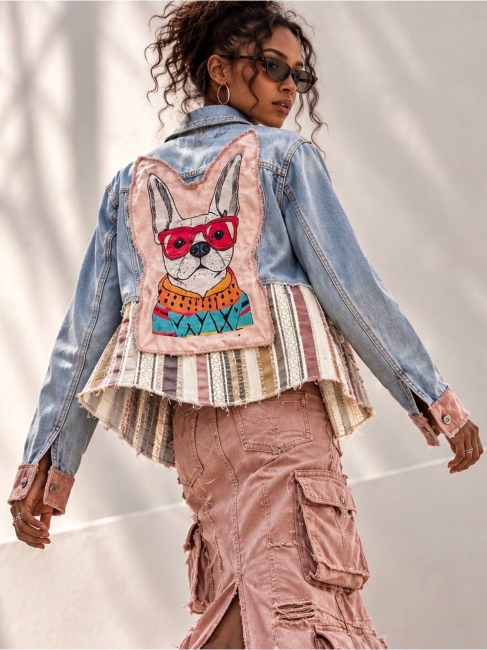 OOAK Upcycled Denim Jacket S Patchwork Dog Art Cropped Boho Reworked Jean Jacket